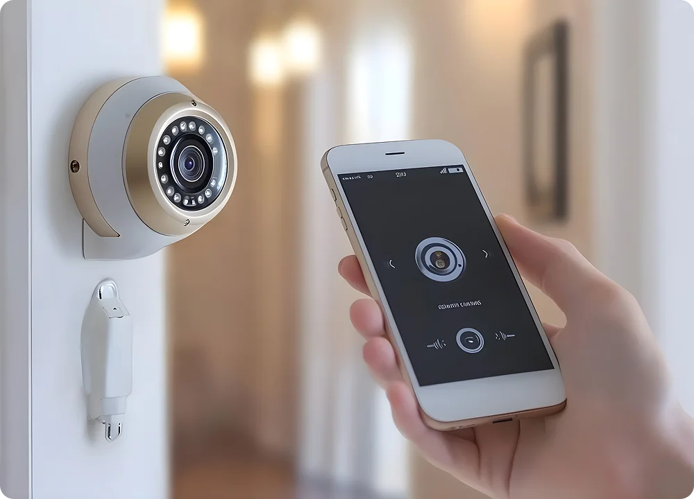 A person using a smartphone to monitor a smart home security system